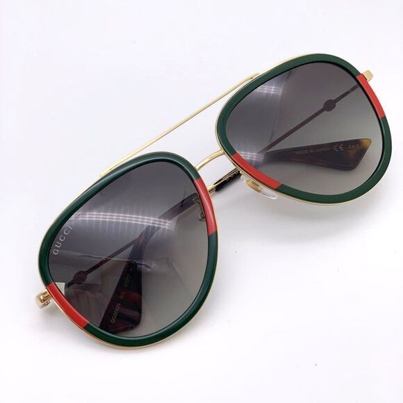 BRAND NEW GUCCI Unisex GG0062S 003 Gold Gold Green Sunglasses - Picture 7 of 15